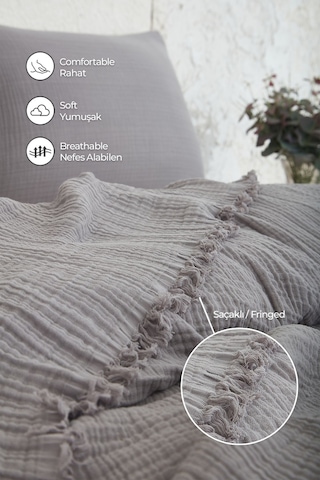 %100 Pamuk Çift Kişilik Müslin Yatak Örtüsü 4 Katlı Yumuşak Battaniye Müslin Pike Takımı 3 Parça Gri Gri