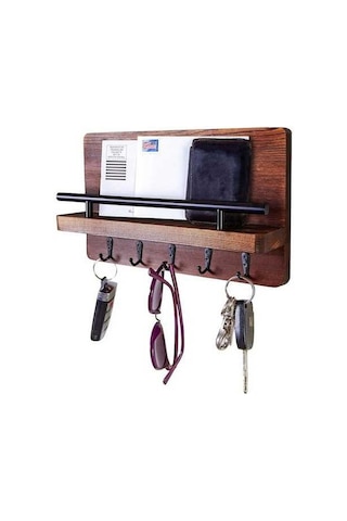 Flybuy Ahşap Anahtarlık Duvar Rafı - Çam Ağacı Kahverengi, 25x18.5x7.5cm, Endüstriyel Dekor İçin Mükemmel Giriş Siyah