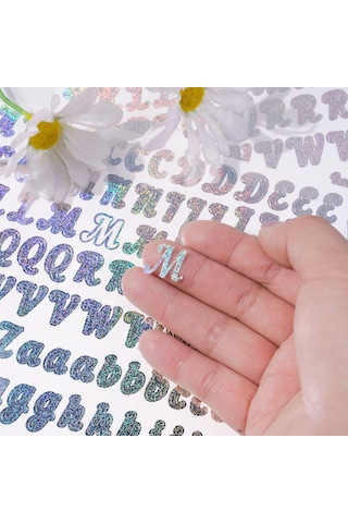Simli Gümüş Harfler Ve Sayılar Sticker Alfabe Süsleme Etiketi Silver Çok Renkli