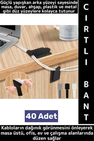 Montanjsız Masa Üstü Ev Ofis Kablo Karışıklık Düzenleyici Şık Kendinden Yapışkanlı Cırt Bant 40 Adet