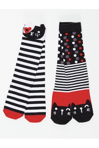 Denokids Mushi Çizgili Kediler Kız Dizaltı Çorap 2'Li