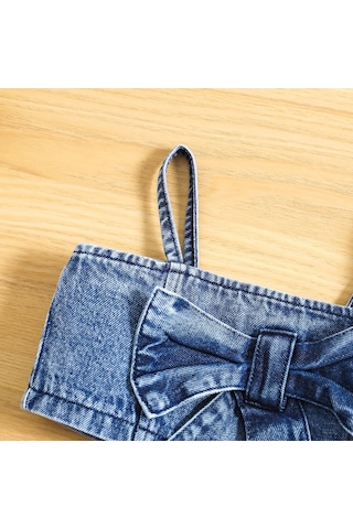 Çocuk Kız Yaz 2 Parça Kıyafet 1y 2y 3y 4y 5y 6y Düz Renk Kolsuz Yay Denim Kaşkorse Ve Elastik Rahat Etek Şort Takımı Bej