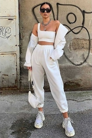 Mad Girls Beyaz Paça Lastikli Oversize Kadın Eşofman Mg324 BEYAZ
