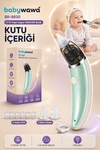 Babywawa Br-8820 0-12 Yaş Şarjlı Bebek Burun Aspiratörü 5 Kademe Güçlü Vakum