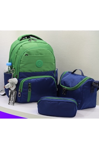 İlk Okul Çantası 3'lü Seti Unisex Çocuk İlkokul Çantası Gry-8010 Yeşil-lacivert Yeşil