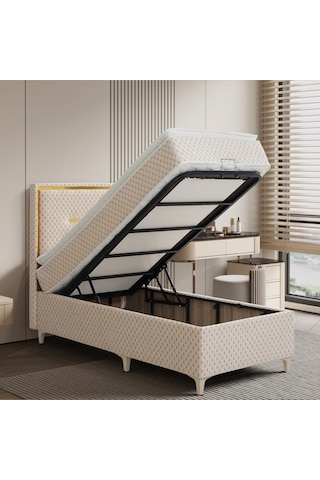 Lina Krem Tek Kişilik Sandıklı Baza Ve Başlık Takımı 2'li Set Konuma Özel Teslimat 90 x 190 CM