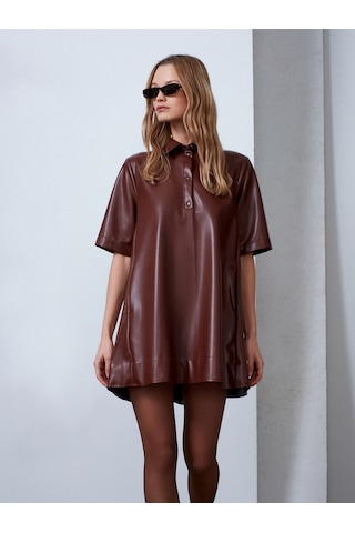 Dilvin 90934 Suni Deri Mini Gömlek Elbise-karamel Karamel