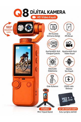 Q8 Dijital Mini Tripod Standlı 32 Gb Hafıza Kartlı Kamera Hd Video Kaydı Fotoğraf Çekimi Vlog Çekimi 180 Derece Dönebilen Lens 2.0 İnç Ekran 2000mah Batarya Aksiyon Kamerası Otomatik Odaklanma