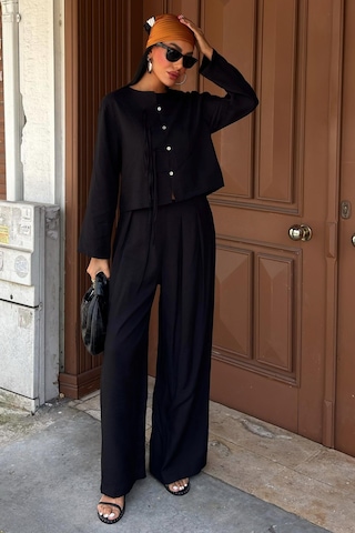 WeShaya Kadın Siyah Keten Oversize İkili Takım Siyah