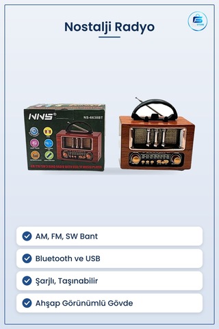 Nostalji Radyo Ahşap Görünümlü Taşınabilir Am Fm Sw Bluetooth Usb