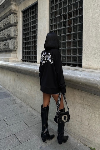 Kadın Siyah Dokuma Oversize Uzun Kollu Sweatshirt Siyah
