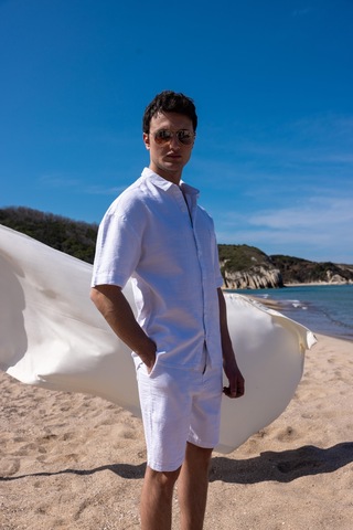 Keten Kumaş Beyaz Renk Cep Detaylı Gömlek Şort Erkek Takım-1733 Beyaz