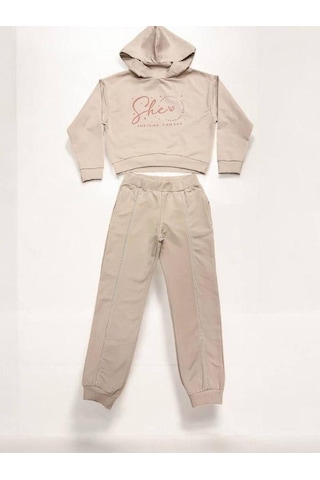 Kız Çocuk Kapüşonlu She Is Me Yazılı Eşofman Takım-15365 Bej