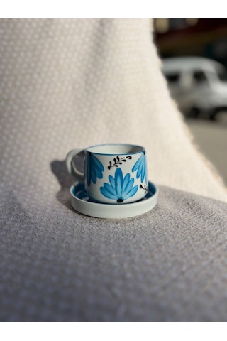 El Yapımı Seramik Kupa, Mug, Türk Kahvesi Bardağı Mavi Çiçek