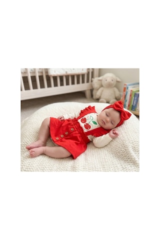 Bambık İmajbebe Kız Bebek Kiraz Baskılı Zıbınlı Salopet Elbise Ve Bandana Takımı Kırmızı Kırmızı
