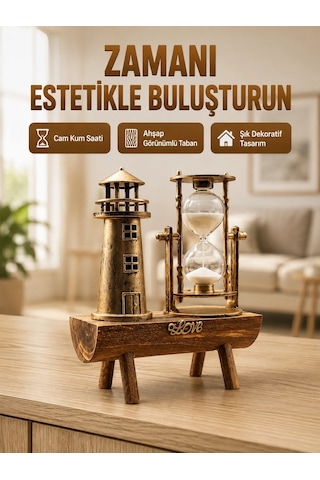 Deniz Feneri Tasarımlı Ahşap Kum Saati Retro Masa Aksesuarı Yeni Nesil Açık Lacivert