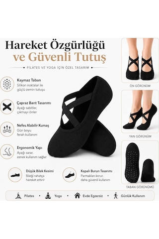 Çorap Giyim Kaymaz Tabanlı Kadın Balerin Tasarımlı Yoga Pilates Çorabı Çapraz Bantlı Spor Çorap Hac Umre Çorabı Siyah