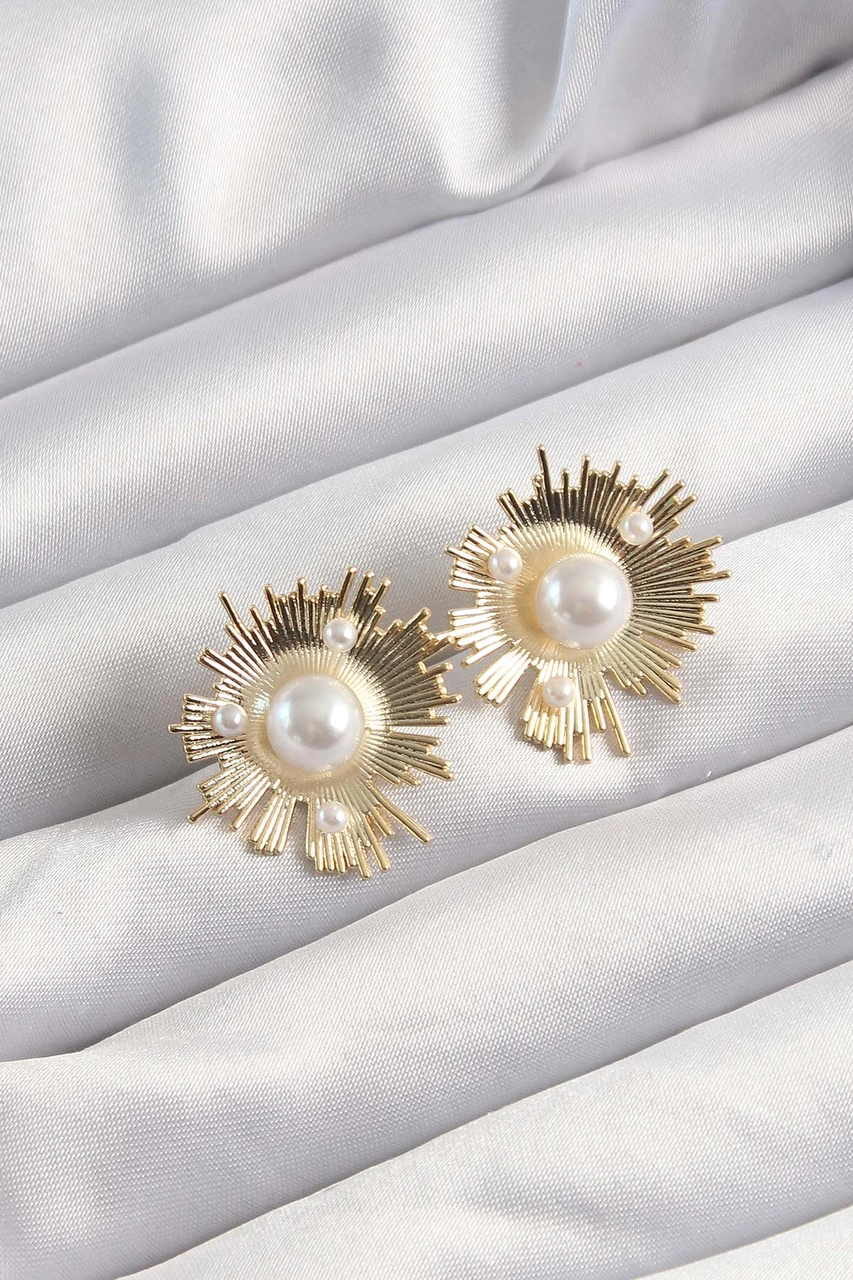 Tua Moda Pirinç Gold Renk Zirkon Taşlı Parlayan İnci Taneleri Küpe Çok Renkli