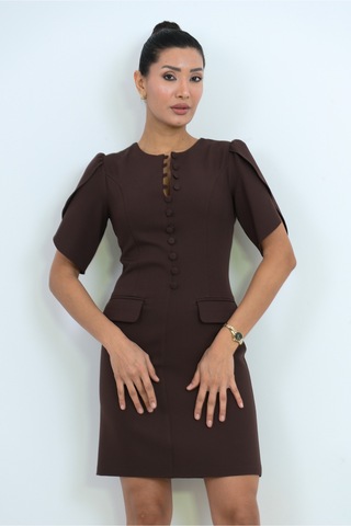 Dorne Moda Özel Seri Düğme Detaylı Mini Elbise - Düğün - Mezuniyet - Ofis Şıklığı Kahverengi Kahverengi