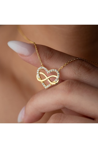 925 Ayar Gümüş Taşlı Sonsuzluk Ve Kalp Kolye Gold
