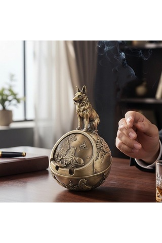 Kapaklı Metal Kurt Figürlü Küllük 17 16 Cm