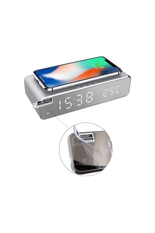 Geeksen Siyah Masaüstü Kablosuz Şarj Cihazı - Alarm Saati, Zaman Ve Sıcaklık Gösterici Led Ekranlı