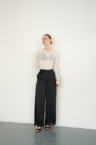 Verymoda Paçası Dantelli Saten Pantolon D2969 Siyah