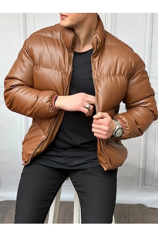 Modefendi Şişme Oversize Yüksek Kalite Deri Mont Kahverengi