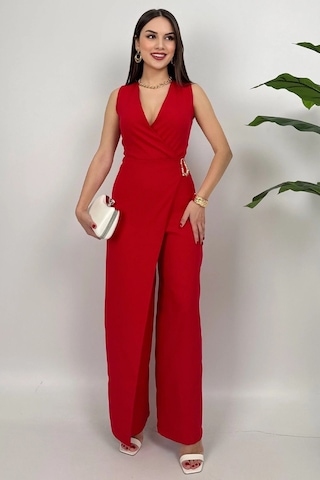 Crimson Icon Kadın Kemer Detaylı Askılı Bol Paça Kırmızı Tulum Rahat Şık Yazlık Kombin Kırmızı