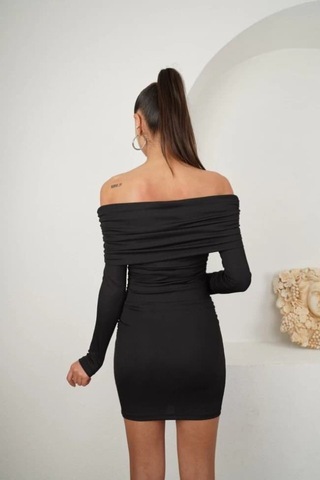 Kadın Madonna Mendil Yaka Fırsat Ürün Büzgülü Mini Elbise Siyah