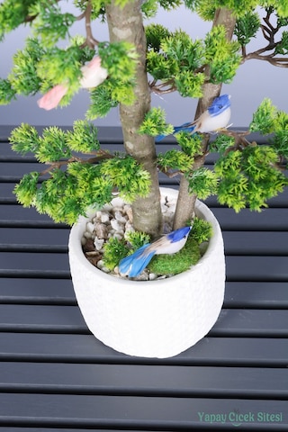 Yapay Çiçek Sitesi Dekoratif Saksıda Yapay Kuşlu Bonsai Ağaç 55 Cm Yeşil