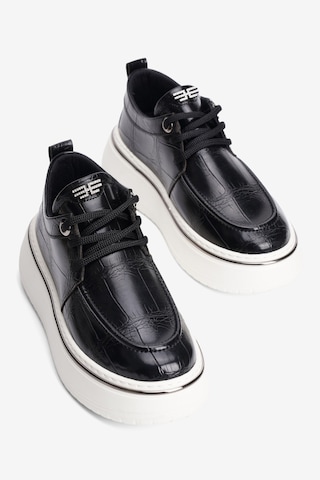 Mubiano Kadın Kroko Sneaker Bağcıklı Platin Şerit Detaylı Zuri Siyah Siyah Krokodil