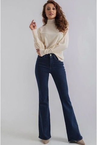 Ispanyol Renk Solmaz Likralı Yüksek Bel Koyu Mavi İspanyol Jeans Pantolon Koyu Mavi