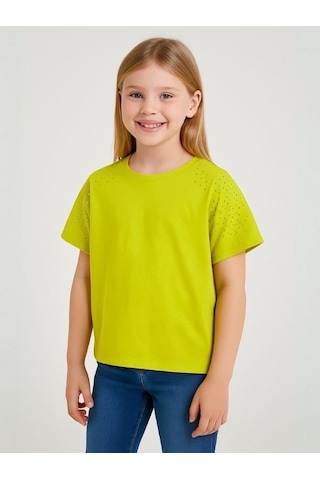 Kız Çocuk Taş İşlemeli Pamuklu T-shirt-15981 Sarı