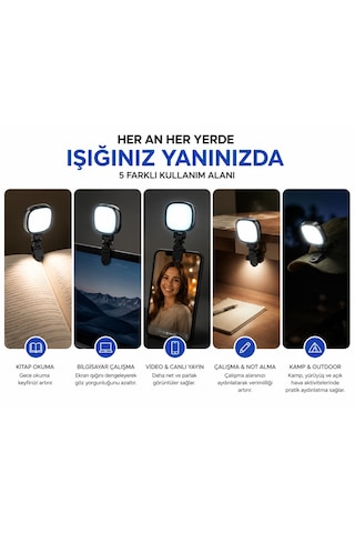 Blc Rgb Klipsli Led Işık 1200mah Bataryalı Type-c Şarjlı Selfie Video Çekim Telefon Laptop Monitör Kitap Okuma Lambası 360 Dönebilen Siyah