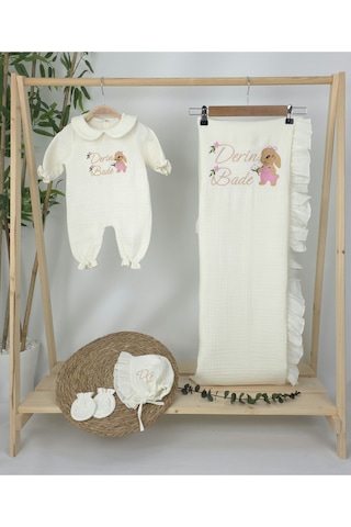 Gros Shop Müslin Yeni Doğan 4katlı Organik %100pamuk Kişiye Özgü Nakışlı Hastane Çıkış Seti Tavşan Model-3 Ekru-3