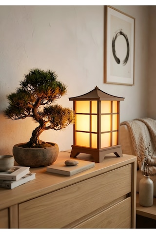 Modern Japon Feneri Masa Lambası - Bambu Led (MH001) - Dekoratif Abajur - Salon Yatak Odası - 3d Tasarım Kahverengi - Beyaz