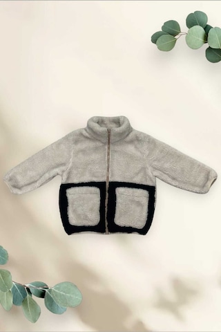 Kız Çocuk Peluş Ekru Siyah Cepli Fermuarlı Welsoft Kışlık Mont Ekru