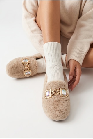 N Moda Panduf Gold Zincir Taşlı Aksesuarlı Kışlık Sıcak Tutan Yumuşak Tabanlı Kapalı Panduf Krem