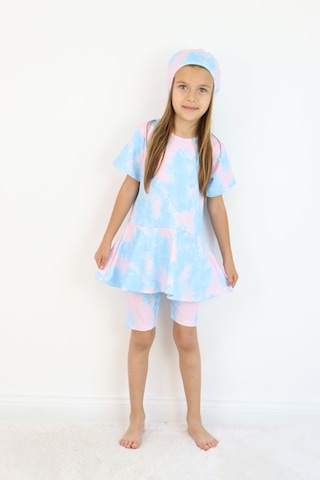 Lyraxkids Kız Çocuk Bisiklet Yaka Etekli Mayo Ve Tayt Bone Dahildir. Pembe - Mavi