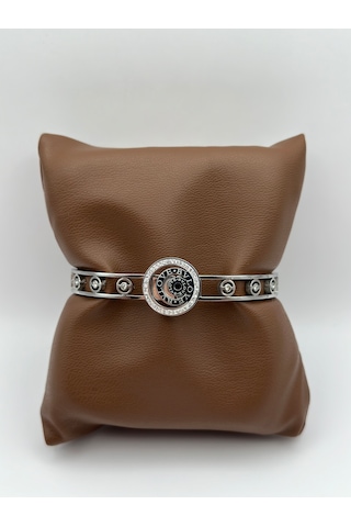 Çelik Silver Zirkon Taşlı Kelepçe Bilezik Gümüş