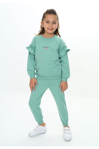 Toontoy Kids Toontoy Kız Çocuk 2'li Takım Baskılı Bisiklet Yaka Reglan Kol Fırfırlı Sweatshirt & Beli Paçası Lastikli Cepli Jogger Eşofman Altı - 2 İplik Yeşil