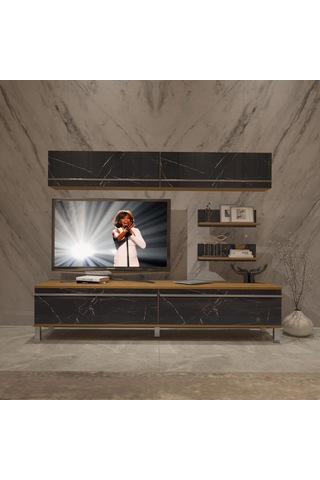 Decoraktiv Eko 5 Mdf Std Krom Ayaklı Tv Ünitesi Tv Sehpası Pera - Siyah Mermer