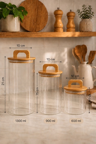 Aria - 3'lü Borosilikat Bambu Kapaklı 1300- 900 -600 Ml Kavanoz Takımı Çizgili Şeffaf