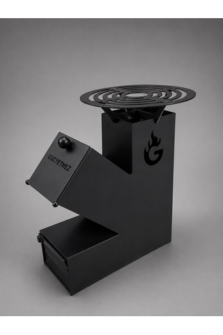 Eylux Roket Soba, Rocket Stove 37x30x12 Kamp Ocağı, Odun Veya Pelet Kolay Yakıt Besleme Kapağı Ve 800 Derece Isıya Dayanıklı 2 Mm Çelik Üretim Siyah