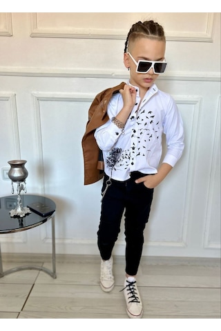 Modavals Erkek Çocuk 4 Parça Deri Ceket Kot Pantolon Kombin - 574283691 Kahverengi