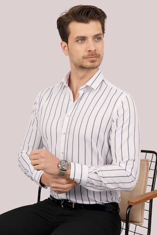 Etikmen Beyaz Lacivert Çizgili Slimfit Hediye Kutulu Erkek Gömlek 001