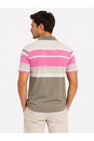 Novalisse Erkek Flamlı Penye Çizgili Polo Yaka Tişört Kısa Kol Yazlık T-shirt - Gri Çoklu Renk