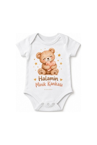 Gıovera Halamın Minik Kankası Ayıcık Baskılı Beyaz Kısa Kollu Pamuklu Bebek Zıbın Body