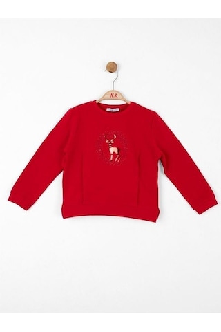 Kız Çocuk Parlak Geyik Baskılı Sweatshirt-13487 Kırmızı